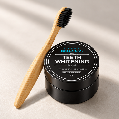 NOIR & BRUSH charcoal tooth powder and bamboo toothbrush studio product photo