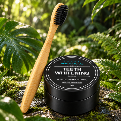NOIR & BRUSH charcoal tooth powder and bamboo toothbrush in lush jungle setting